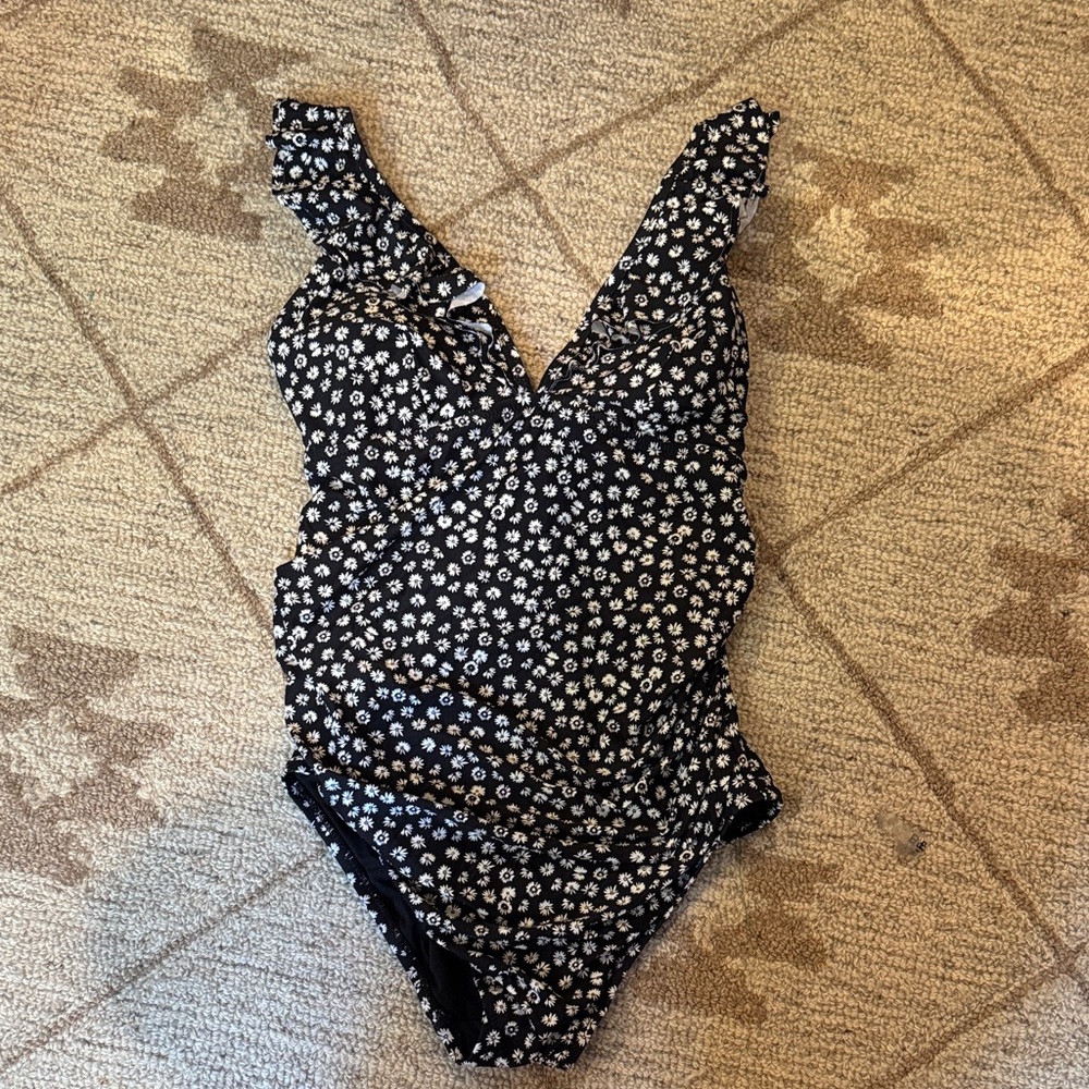GAP Black One-Piece Swim with White Floral Print
